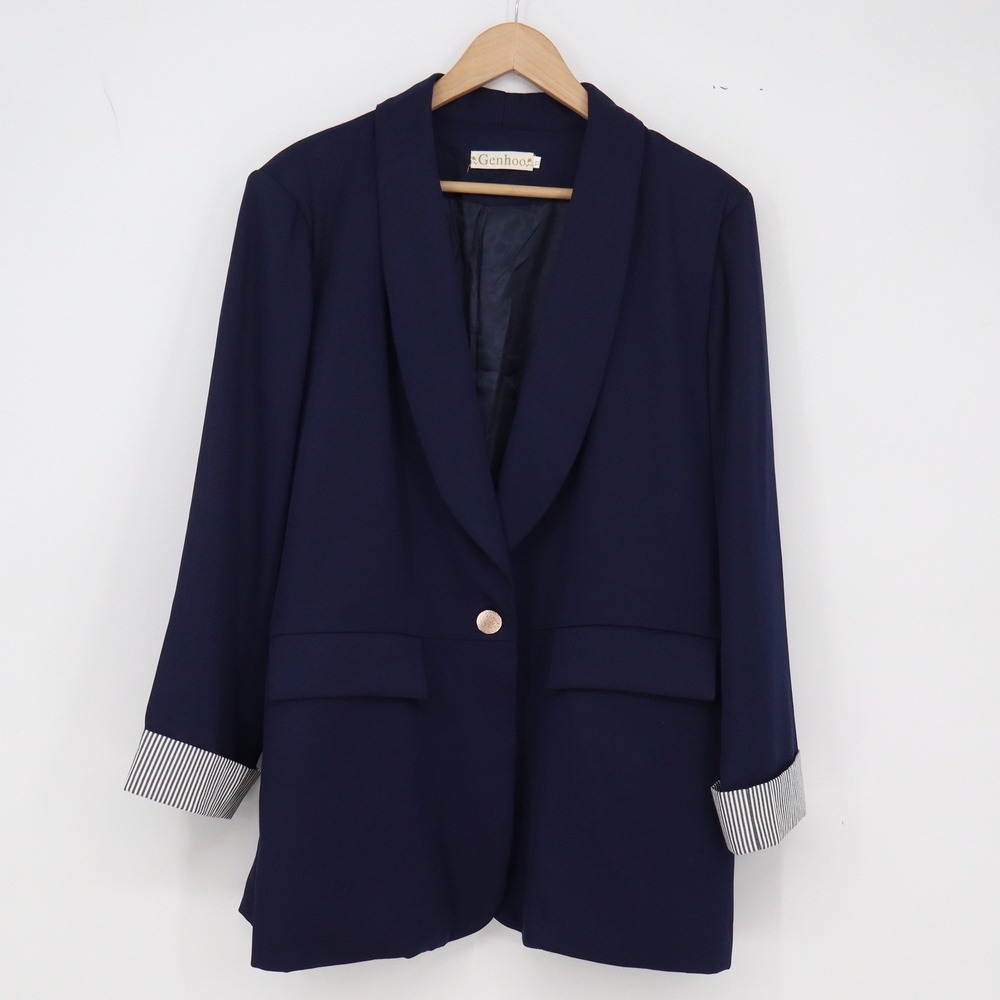 Genhoo Blazer Women XL Shawl Collar Navy Blue Striped Cuff Single Button